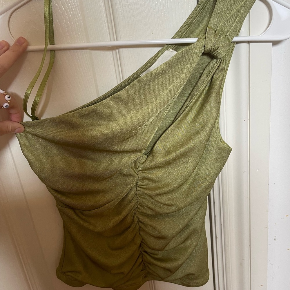 Anthropologie green metallic one shoulder top